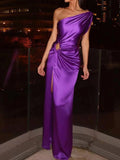 MQTIME  -  Purple Hollow Out Slash Collar Evening Dress Temperament Sleeveless Satin Slim Banquet Dress Elegant Simple Cocktail Party Dress