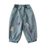 MQTIME  -  Infant Baby Girl Spring Jeans Cotton Bear Embroidery Loose Children Girl Lantern Pants Elastic Waist 1-6Y Girls Denim Pants