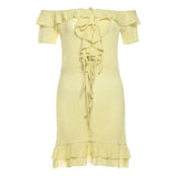 ﻿ MQTIME  -  Lace Up Hollow Bodycon Mini Dress Solid Ruffles Women Sexy Slash Neck Off Shoulder Short Sleeve Holiday Outfits Casual Dresses