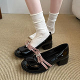 MQTIME  -  Fashion Mix Color Patent Leather Mary Jane Shoes Women Autumn Elegant Square Toe Medium Heel Pumps Sweet Pink Bowknot Shoes