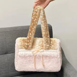 MQTIME  -  Sweet Utility Tote, Plush Deer Spot Bag With Lace Bow, Lolita Style Large Capacity Crossbody, Brown Pink Soft Shoulder Bag