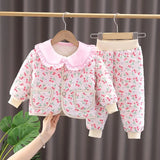 MQTIME  -  Baby Girls Cotton-Padded Jacket Set Winter Thick Warm Floral Print Quilted Coat+ Pants 2 Piece Set Cute Kids Casual Clothes