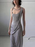 MQTIME  -  Grey Large U-Neck Pure Cotton Dress For Women, Casual And Comfortable, With Irregular Waistband And Slimming Long Skirt