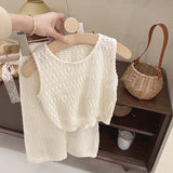 MQTIME  -  Girl's Clothing Sets Summer Korean Thin Knitted Girl Set Children Hollow Breathable Vest + Wide Leg Pants Two-piece Suit