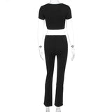 MQTIME  -  Women Summer Fashion Short-sleeved Tees+Long Pants Sets Female Crop Tops 2Pcs Sets Clothes Lace-up Sexy Slim T-shirts Pantsuit