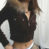 MQTIME  -  Cropped Trendy Velvet Pocket Cargo Jacket, High-waisted Skinny Hottie Fur Hooded Sweatshirt