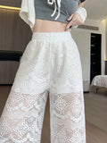 MQTIME  -  Lace Lace Waist Wide Leg Pants Summer New High Waist Hollow Out Straight Leg Pants Korean Fashion Loose White Casual Pants