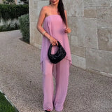 MQTIME  -  Sexy Strapless Hem Top & Long Pants Summer Outfit Casual Loose Thin Holiday Suits Irregular Chiffon Women's Two Piece Set