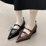  MQTIME  -  Pointed Toe Flat Bottomed Ballet Single Shoes Punk Style New Fashionable Women Shoes rivet strap bow Handmade Shoe