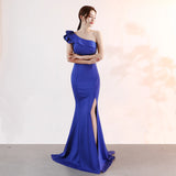 MQTIME  -  Women One Shoulder Evening Dress Solid Color Summer Ruffles Maxi Dresses Sexy Slash Neck Party Long Dress Elegant Streetwear