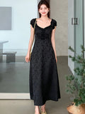 MQTIME  -  Summer Black Satin Jacquard Lace Square Collar Dress Women Puff Sleeve Elegant Luxury Long Dress 2024 Korean Vintage Party Dress