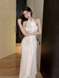 MQTIME  -  Floral Applique Backless Maxi Dresses Elegant Sexy White Going Out Dress Sexy Women Summer Party Outfits