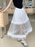 MQTIME  - White Tulle Tiered Maxi Skirts Lace Long Skirt for Women Bandage A-line Dress Coquette Summer Korean Fashion Clothing