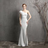MQTIME  -  Women One Shoulder Evening Dress Solid Color Summer Ruffles Maxi Dresses Sexy Slash Neck Party Long Dress Elegant Streetwear
