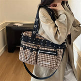 MQTIME  -  Korean Y2K Retro Strap Grid Large-capacity Tote Bag Commuting Storage Bags Crossbody Bag Shoulder Bags Woman Bag Handbag