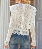 MQTIME  -  New Women's Sexy Hollow Out Long Sleeve Lace Shirt Top Temperament Commuting Female Fashion Elegant Translucent Blouses