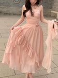 MQTIME  -  Summer French Elegant Women Midi Dresses New Vintage Folds Solid Ruffle Party Robe Fairycore Neck Mounted Fashion Lady Maxi