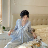 MQTIME  -  Spring New Lace Pajamas Suit Princess Style Nightwear  Rayon Stain Solid Long Sleeve Deep V-Neck Home Clothes