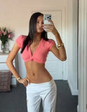 MQTIME  -  Sexy V Neck Short Sleeve Cropped Tops for Women One Button Party Club Bodycon Tank 2026 NEW Summer Y2K Festival Beach Tops ﻿