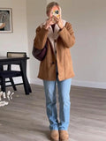 MQTIME  -  Vintage Lamb Wool Solid Women Outwear Lapel Full Sleeve Loose Female Jacket 2024 Casual Autumn Warm Single Breasted Lady Coat