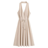 MQTIME  -  Halter Dress With Belt for Women Backless V Neck Women's Midi Dress With Adjustable Tie Belt Female Party Dresses