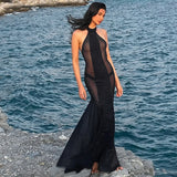MQTIME  -  Ruched Patchwork See Through Mesh A-line Maxi Dress Women Sexy Halter Backless Bodycon Night Clubwear Party Long Robe Beachwear