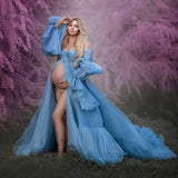 MQTIME  -  Pretty Blue Maternity Photography Dresses Fluffy Tulle Tiered Long Sleeves Pregnant Woman Maternity Gown Photography Dress 2024