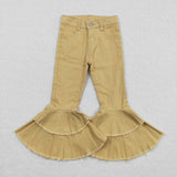  MQTIME  -  Baby Girls Denim Western Brown Cow Print Bell Bottom Kids Children Toddler Flared Pants Double Lace Pocket Jeans
