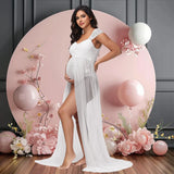  MQTIME  -  Maternity Summer Lace Off-Shoulder Bodysuit for Photoshoot with Tulle Long Sides Slit Tail Women