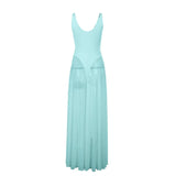 MQTIME  -  Metal Buckle Sheer Mesh Bodysuits Patchwork Maxi Party Dress Women Elegant V Neck Spaghetti Straps Backless Birthday Long Robe