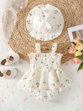 MQTIME  -  2025 Summer Baby Girls Bodysuit & One Piece Full of Tulip Print Girls Clothes Camisole Bodysuit With Hat