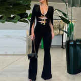 MQTIME  -  Sexy Low Cut Design Club Party Jumpsuit Fashion Hollow Long Sleeved High Waist Playsuit Lady Retro Commuting Flare Pants Romper