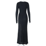 MQTIME  -  Lace Patchwork Ribbed Bodycon Maxi Dress Women Fashion Sexy Buttons V Neck Full Sleeve High Slit Casual Streetwear Long Robe
