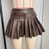 MQTIME  -  Grommet Belt PU Leather Mini Pleated Skirts Women Fashion Y2K High Waist Slim A-line Short Skirts Casual Streetwear Bottoms
