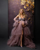 MQTIME  -  Photo Shoot Dusty Pink Tulle Sequin Maternity Dress with Long Train Puff Sleeves Plus Size Open Front Baby Shower Gown