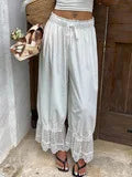 MQTIME  -  Chic Lace Patchwork Elastic Waist Trousers Women Elegant High-waisted Lace-up Loose Wide Leg Pants Lady Street Chic Bottom