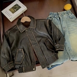 MQTIME  -  Boys Leather Jacket Autumn Spring Korean Style New Arrival Trendy Fashion Cool Brown Solid Color Jackets Coats