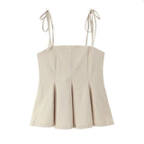 MQTIME  -  Women Fashion Brown Backless Bow Lace Up Side Zipper Camis Vintage Thin Straps Square Collar Female Chic Lady Tops