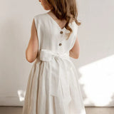 MQTIME  -  Vintage Cotton Linen Girls Sleeveless Dress Chic Open Back Buttons Bandage Bow Sweet Loose Wending Evening Party Dresses