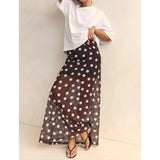 MQTIME  -  Women's Summer Y2k Vintage Polka Dot Print Long Skirt Elastic High Waist Mesh Sheer See-through Layered A-line Skirts