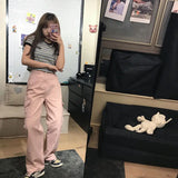 MQTIME  - Women Pink Cargo High Waist Wide Pants Straight Palazzo Pants Fashion All-Match Trousers Harajuku 2024 Women Solid Pockets Pants