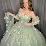 MQTIME  -   Sage Green Sweet Princess Quinceanera Dress Bead Appliques 3D Flower Vestidos De Birthday Party Graduation Ball