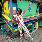MQTIME  -  Cartoon Cray Printing Long Pants Set For Women 2024 Summer Short Sleeve Shirt High Waist Wide Leg Pant 2 Piece Sets Lady Outfits