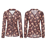  MQTIME  -  Women Shirts Flower Print Long Sleeve Ruched Button Down Slim Fit Blouse See Through Fashion Work Tops Streetwear