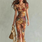 MQTIME  -  Boho Floral Maxi Dress Woman Sexy Square Collar Ruched Split Bodycon Long Dress New Summer Puff Sleeve Ruffle Party Dress