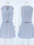 MQTIME  -  Striped Skirts Sets Women Elegant V-neck Sleeveless Single Breasted Fake Pockets Vest A-line Skirt Suit 2024 Summer Lady Outfit