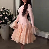 MQTIME  -  French Solid Mesh Pleated Dress Elegant O-neck Long Sleeved A-line Banquet Evening Dress Lady Chic Large Swing Tea Break Dress