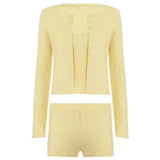 ﻿ MQTIME  -  Casual 3 Piece Set Camis Crop Tops + Long Sleeve Single Breasted Cardigans+ Shorts Fashion Women Solid Streetwear Suits Clubwear