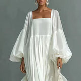  MQTIME  -  White Bohemian Elegant Maxi Dress Woman Sexy Square Collar High Waist Long Dresses Spring Lantern Sleeve Loose Party Gowns