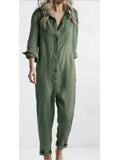 MQTIME  -  Fashion Cotton Linen Long Sleeve Pocket Jumpsuit Women'S Autumn Casual Loose Solid Color Shirt Jumpsuit Female Military Rompers
